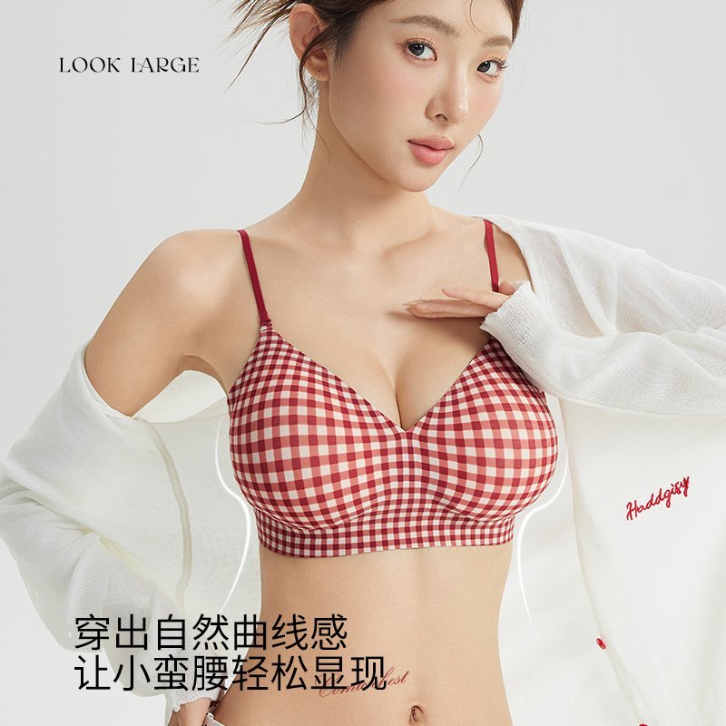 ชุดชั้นในสำหรับผู้หญิงอกเล็ก ออกแบบเพื่อการยกและพยุง ลายสก็อตคลาสสิก ในสไตล์การ์ตูน