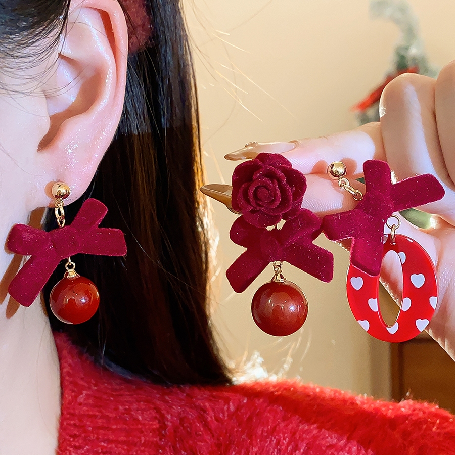 ต่างหูโบว์ pearl สีแดงลายจุด สำหรับปาร์ตี้และ.daily wear
