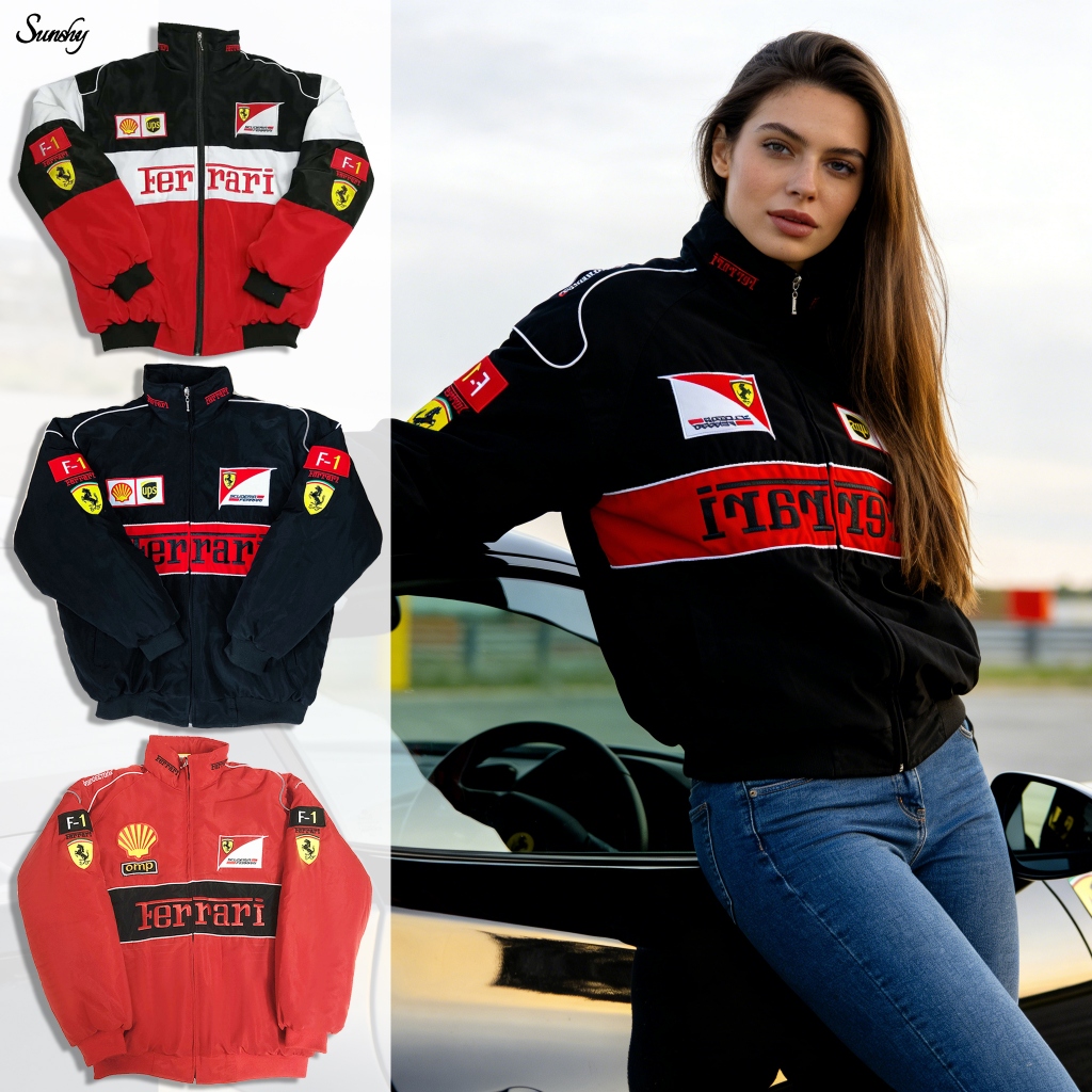 F1 Ferrari Racing Jacket Retro ปักฤดูหนาว Zip-Up Coat ผู้หญิงแฟชั่นรถจักรยานยนต์ Windbraker