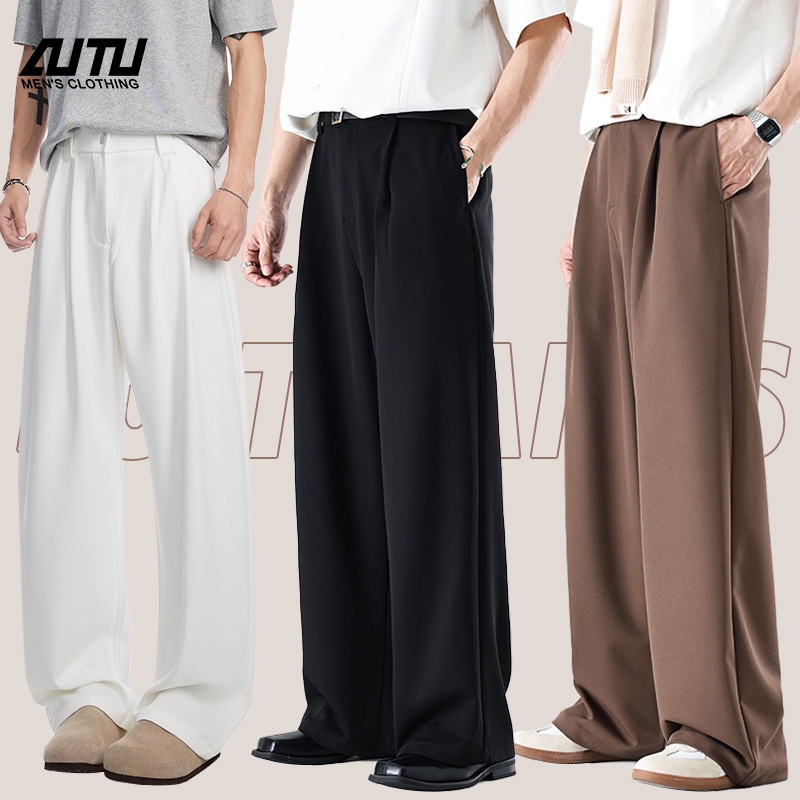 AUTU กางเกงผู้ชายขายาว ทรงตรง กางเกงสูท สไตล์วินเทจ ดีไซน์เรียบง่าย เหมาะสำหรับใส่ไปทำงาน นุ่ม สบาย สีดำ สีน้ำตาล