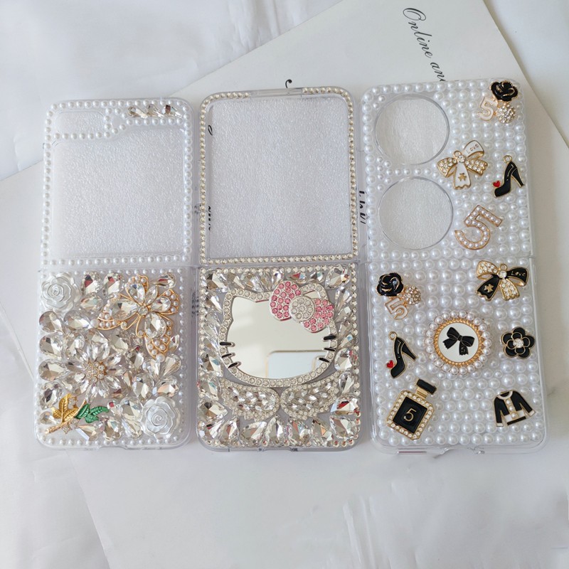 เคส Rhinestone KT Mirror Full Screen Pearl Samsung ZFlip34567 7FE เคสโทรศัพท์หน้าจอพับ OPPO FindN3Fl
