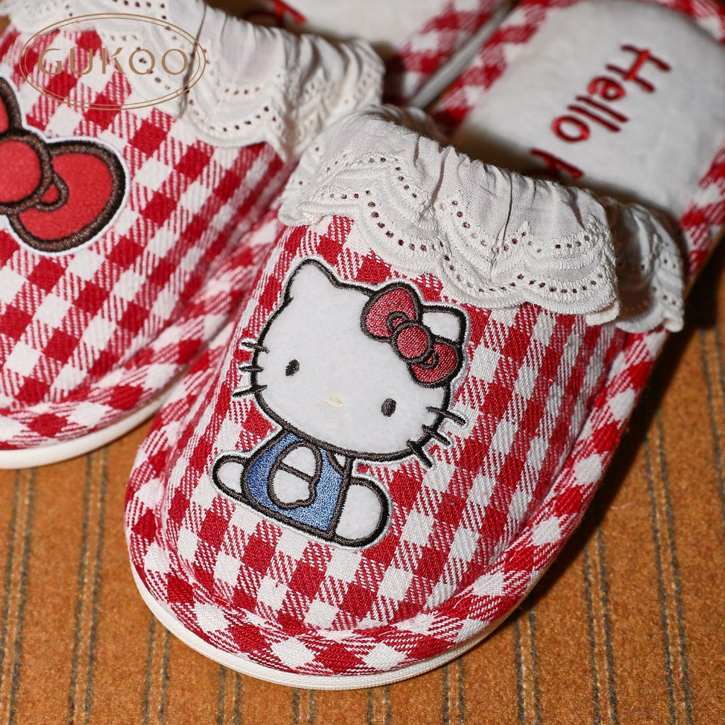 [Aria] Gukoo HelloKitty รองเท้าแตะ Joint สไตล์ใหม่ตรวจสอบรองเท้าแตะผ้าฝ้ายสําหรับสุภาพสตรีในบ้านที่อ
