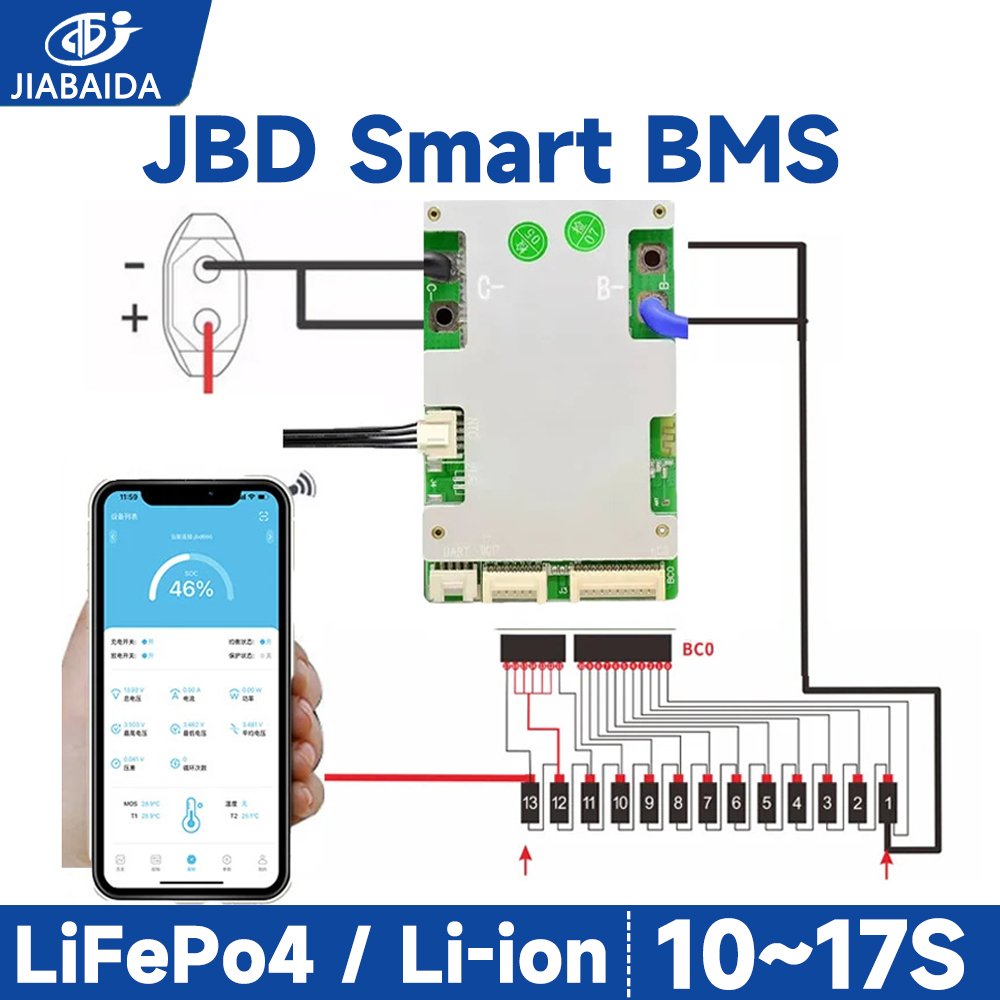 JBD BMS Smart BT APP Li-ion Lifepo4 16S 48V 10S 36V 13S 17S 20A 40A 50A 60A 80A JIABAIDA BMS Balance