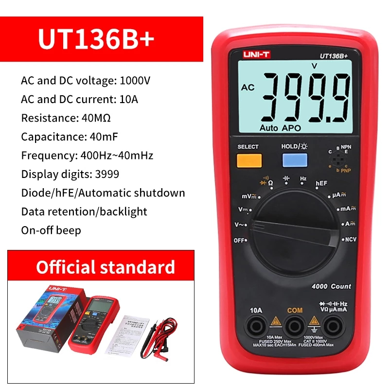 UNI-T UT136B+ UT136C+ เครื่องทดสอบมัลติมิเตอร์แบบดิจิตอล 1000V 10A NCV hFE 3999 นับความต้านทานความจุ