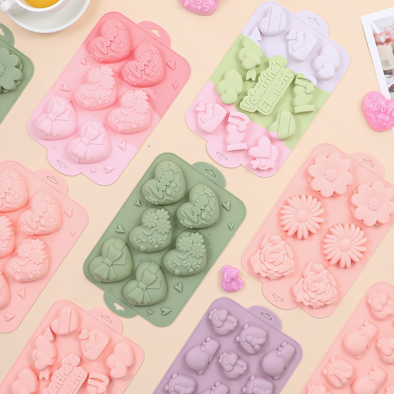 6-Cavity Flower Bowknot Heart แม่พิมพ์ซิลิโคนธีมวันวาเลนไทน์เบเกอรี่ช็อคโกแลตมูสเค้กแม่พิมพ์อโรมาพลาสเตอร์สบู่แฮนด์เมดแม่พิมพ์