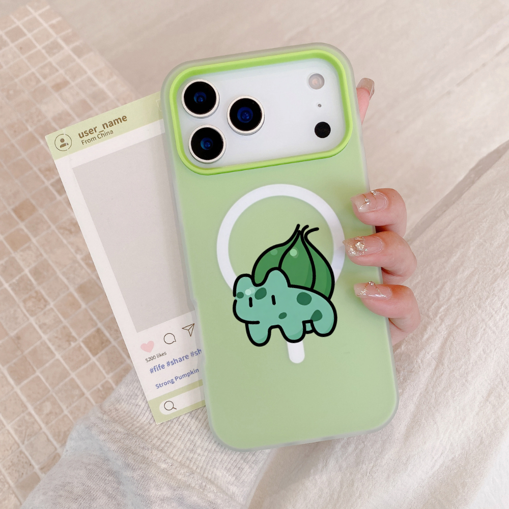 สีเขียว Pokemon Bulbasaur สําหรับ iPhone 18Promax เคสโทรศัพท์แม่เหล็ก 17Pro ไร้สายชาร์จกันกระแทก 2 ใน 1 Matte ฝาครอบโทรศัพท์สําหรับ iPhone 18Pro 17 16E 15Promax 14Promax 15 14 13 12 11