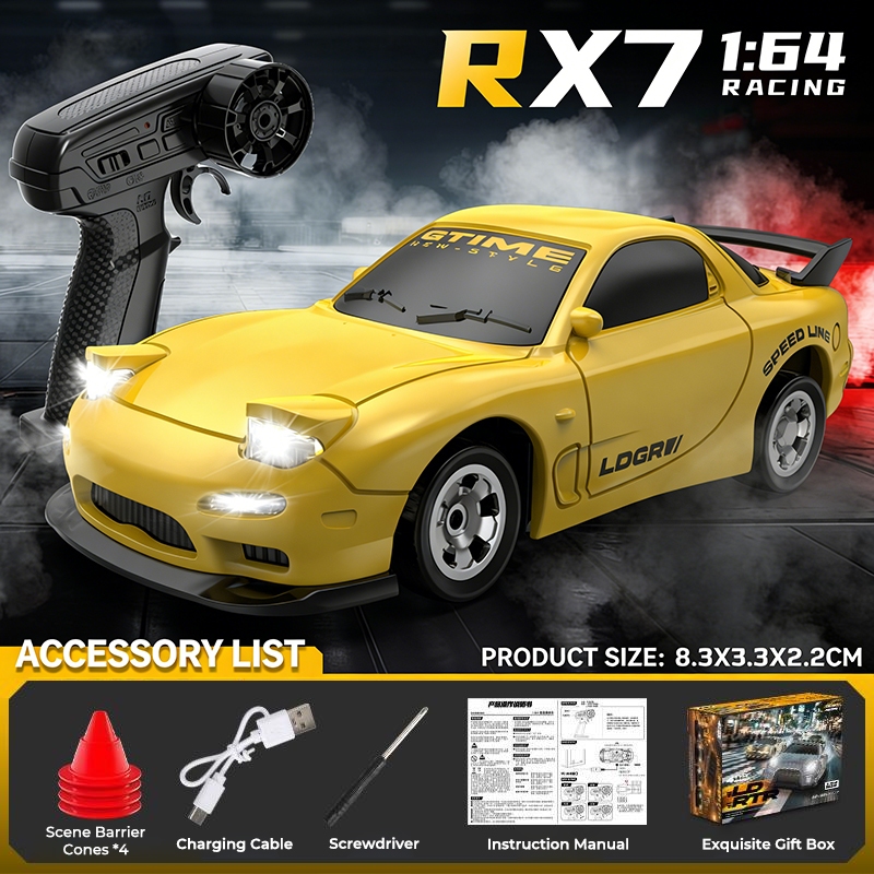 1:64 4WD Drift RC รถ RX7 2.4G Full-Scale Control ไฟ LED Type-C Fast Charge ของเล่นเด็กรถแข่ง