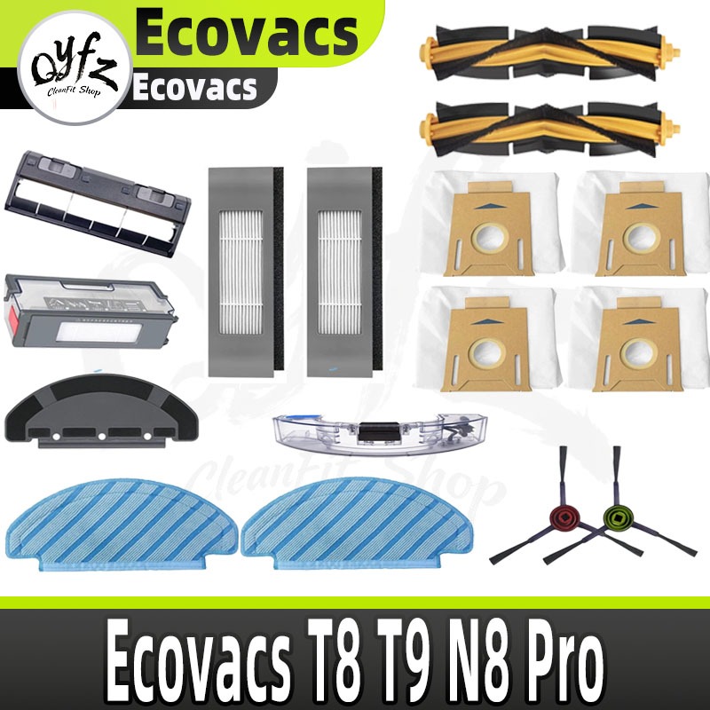 Qyfz ปรับให้เข้ากับ Ecovacs Ecovacs T8/T9/N8 Pro/T8 Max/T8 AIVI Sweeper อุปกรณ์ทําความสะอาดแปรงหลักกรองแปรงด้านข้างถุงเก็บฝุ่น Mop ผู้ถือถังน้ําฝุ่นกล่อง