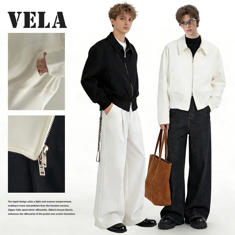 VELA-แจ็คเก็ตผู้ชาย สไตล์เกาหลี ดีไซน์ซิปสองแถว ผ้าทวิล เหมาะสำหรับทุกโอกาส แบบทางการเบาๆ