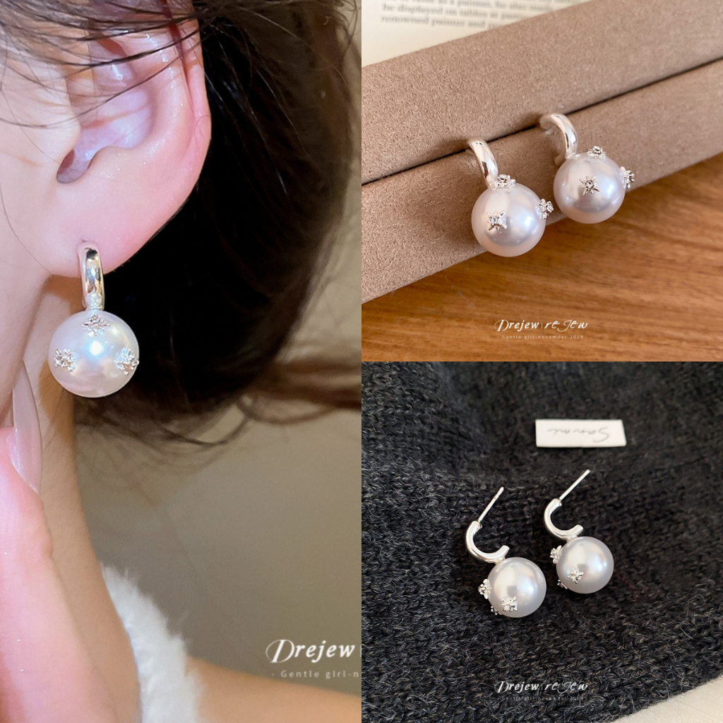 DREW ต่างหูห่วงมุกเงินขนาดใหญ่สำหรับผู้หญิง ประดับด้วยคริสตัลดาว สไตล์แฟชั่นทันสมัย