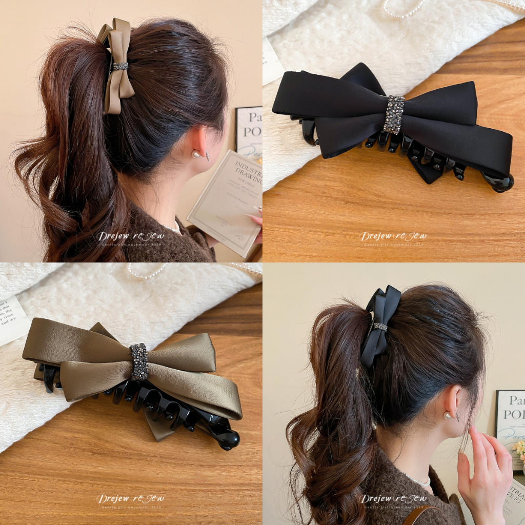 ช่อผมซาตินโบว์แบบคลิปสำหรับผู้หญิง สีดำ สีเบจ กับพลอยเทียม ออกแบบแฟชั่นสำหรับสวมใส่วันธรรมดา