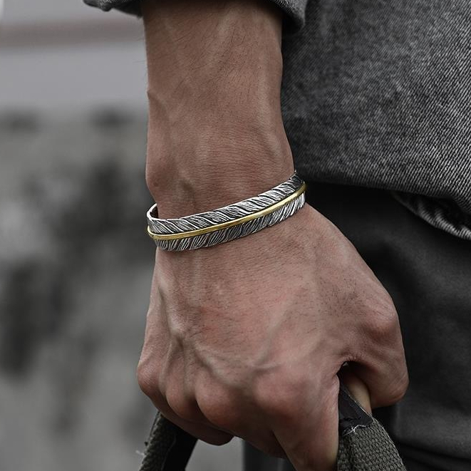 สร้อยข้อมือลายขนนกและลายเถาวัลย์สำหรับผู้ชาย - เงินแท้วินเทจ ปรับพอดีได้