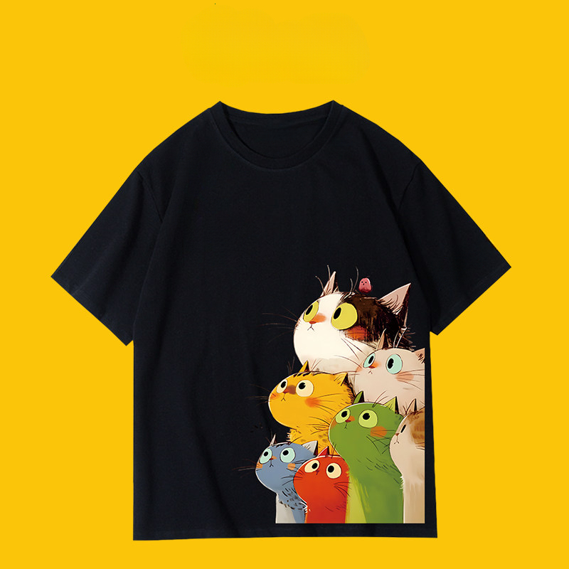 การ์ตูนการ์ตูนคอกลมแขนสั้นแมวน่ารักพิมพ์ลายหลวมเสื้อยืดผู้ชายสวมใส่สบายเสื้อยืดผ้าฝ้ายสไตล์คู่แฟชั่นฤดูร้อนด้านบนการจัดส่งที่รวดเร็ว