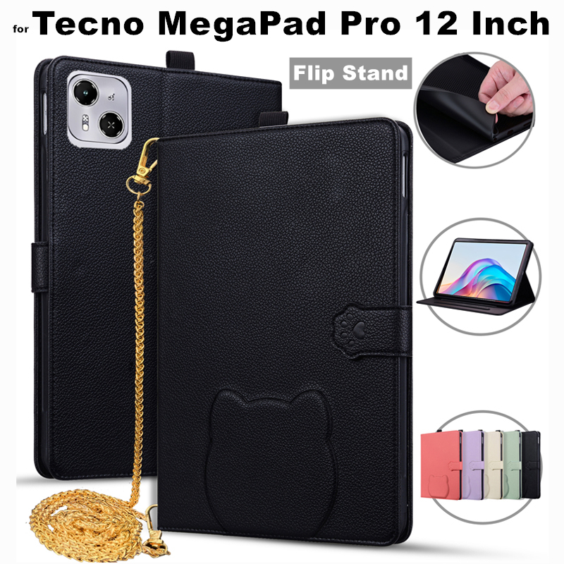 for Tecno MegaPad Mega Pad Pro 12 Inch 2025 T1201 Cover Litch Pattern Cute Cat Leather Flip Stand Function Protective Case