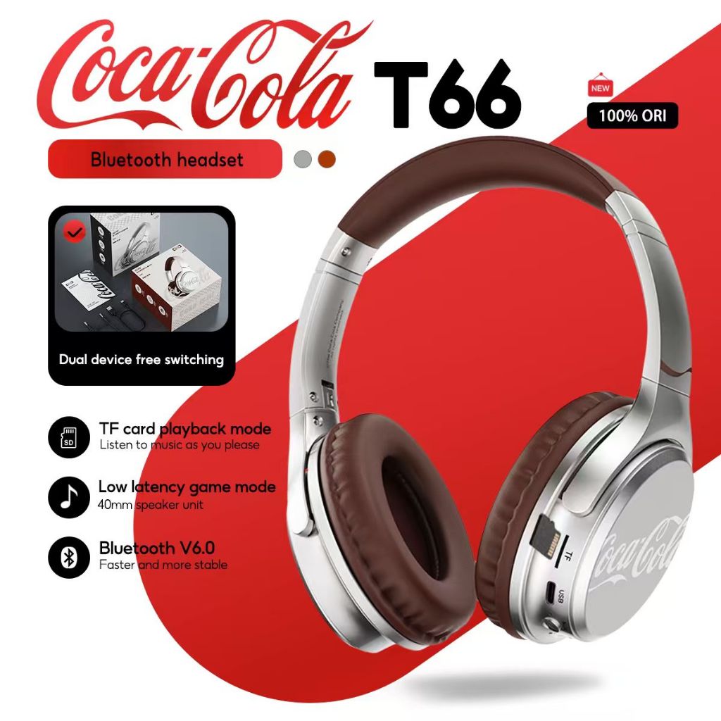 Coca Cola T66 Retro หูฟังบลูทูธ v6.0 หูฟังไร้สายหูฟังชุดหูฟังแบบครอบหูพร้อมไมโครโฟน