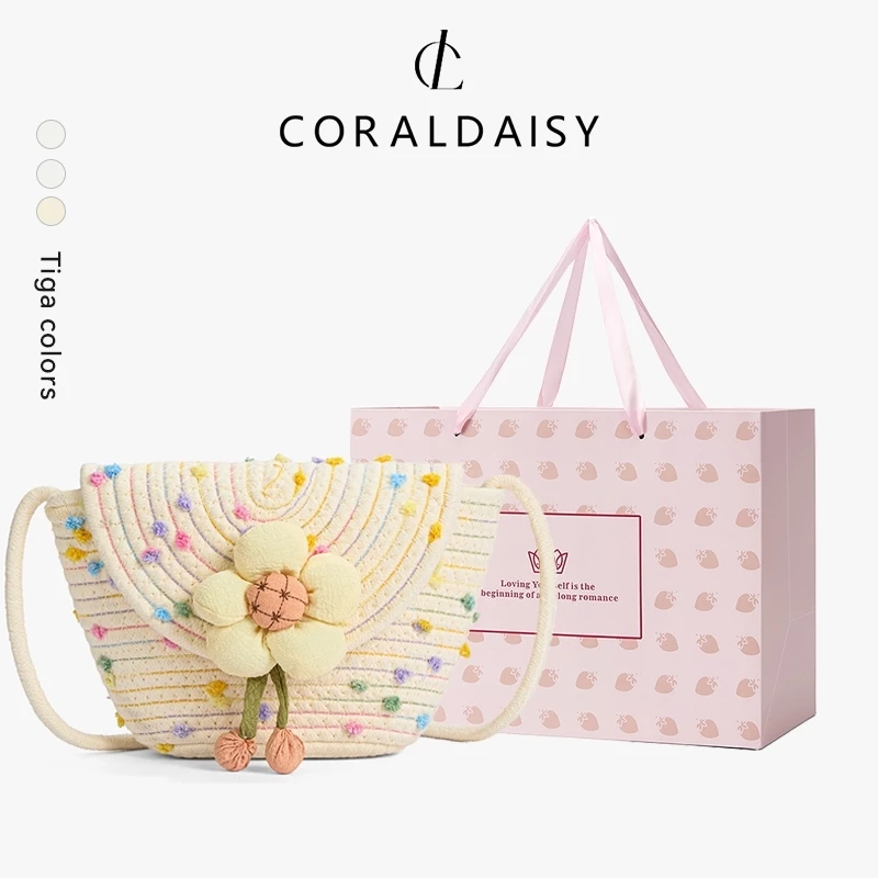 CORALDAISY กระเป๋าผู้หญิงปี 2026 ดอกไม้น่ารัก กระเป๋าสะพายข้างทอ สายสะพายยาว กระเป๋าสะพาย พนังสแนป