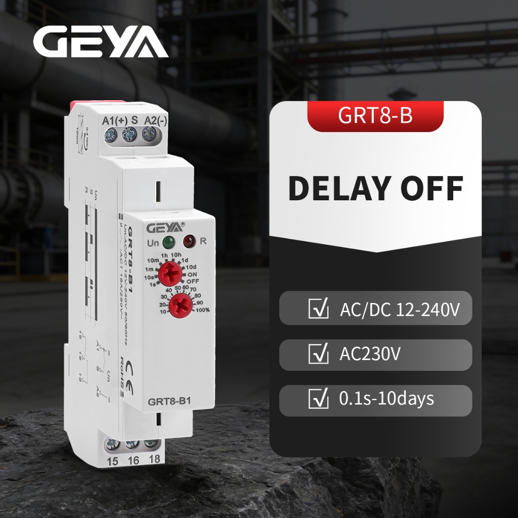 GEYA GRT8-B Delay OFF Timer รีเลย์สวิทช์จับเวลา 16A AC/DC 12-240V หรือ AC230V อิเล็กทรอนิกส์ 1/2SPDT