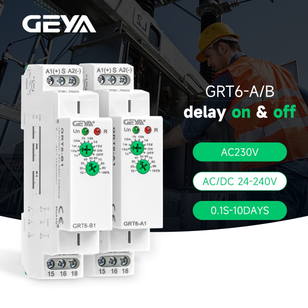 GEYA GRT6-AB ประเภท DELAY Off Delay Timer รีเลย์เวลา DELAY รีเลย์สวิทช์ AC/DC24V-240V 10A Din Rail