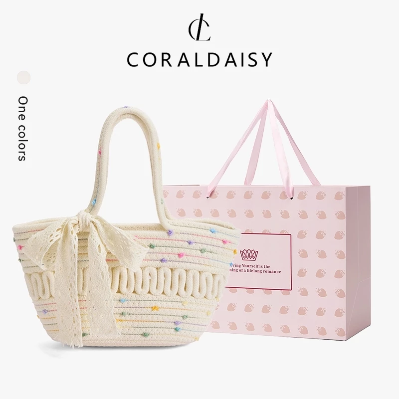 CORALDAISY 2026 รุ่นใหม่ปี กระเป๋าผู้หญิง กระเป๋าถือที่หรูหรา ลายจุดสีสันสดใสน่ารัก กระเป๋าสานริบบิ้
