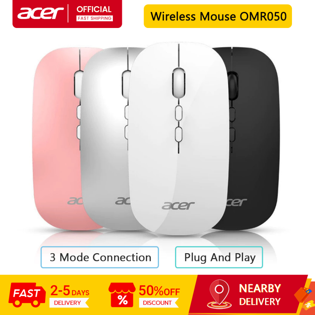 Acer เมาส์บลูทูธไร้สาย OMR050, สามโหมด 2.4GHz/Bluetooth 3.0/5.0, การออกแบบปิดเสียง, เมาส์แบบชาร์จไฟไ