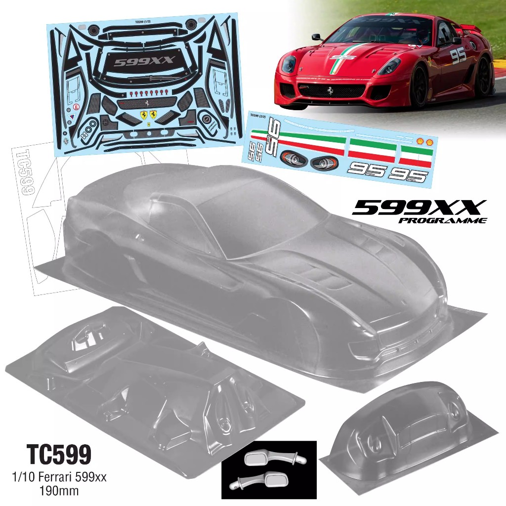 1/10 PC RC TC599 1/10 Ferrari 599xx Shell Body 190 มม.กว้าง 260 มม.ฐานล้อหางปีกโปร่งใสสําหรับ 1/10 RC Hsp Mst Yokomo Hpi
