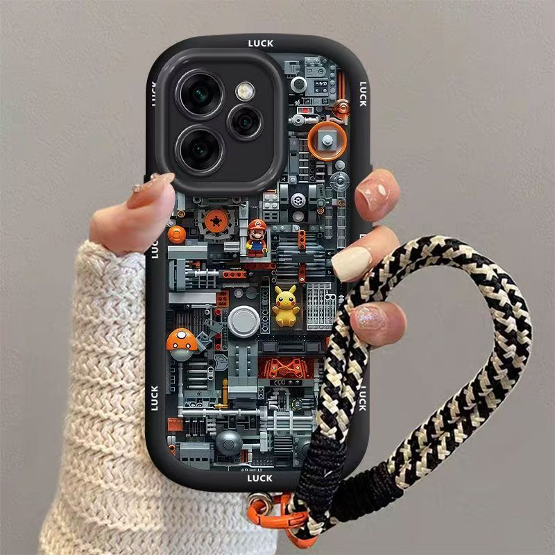 สําหรับ OPPO Reno 15 14 13 5G Reno 15 Pro Max Case OPPO Reno 15 14 13 Pro 5G Building Blocks, Mario Phone Case, Airbag Lanyard, Silicone Full Package, Anti-Drop Internet Red