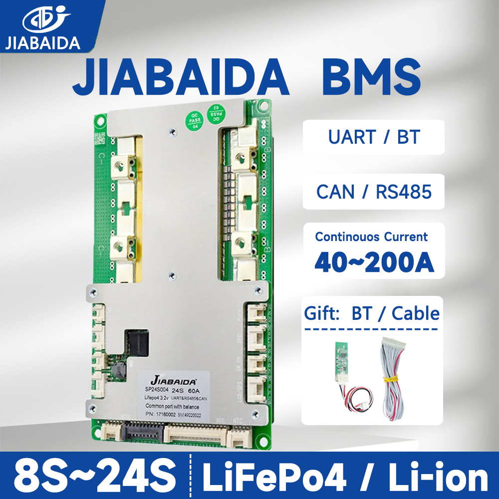 Jiabaida Smart BMS 8S-24S 16S 20S Li-ion LiFePo4 40A-200A BT UART RS485 Active Balance JBD BMS
