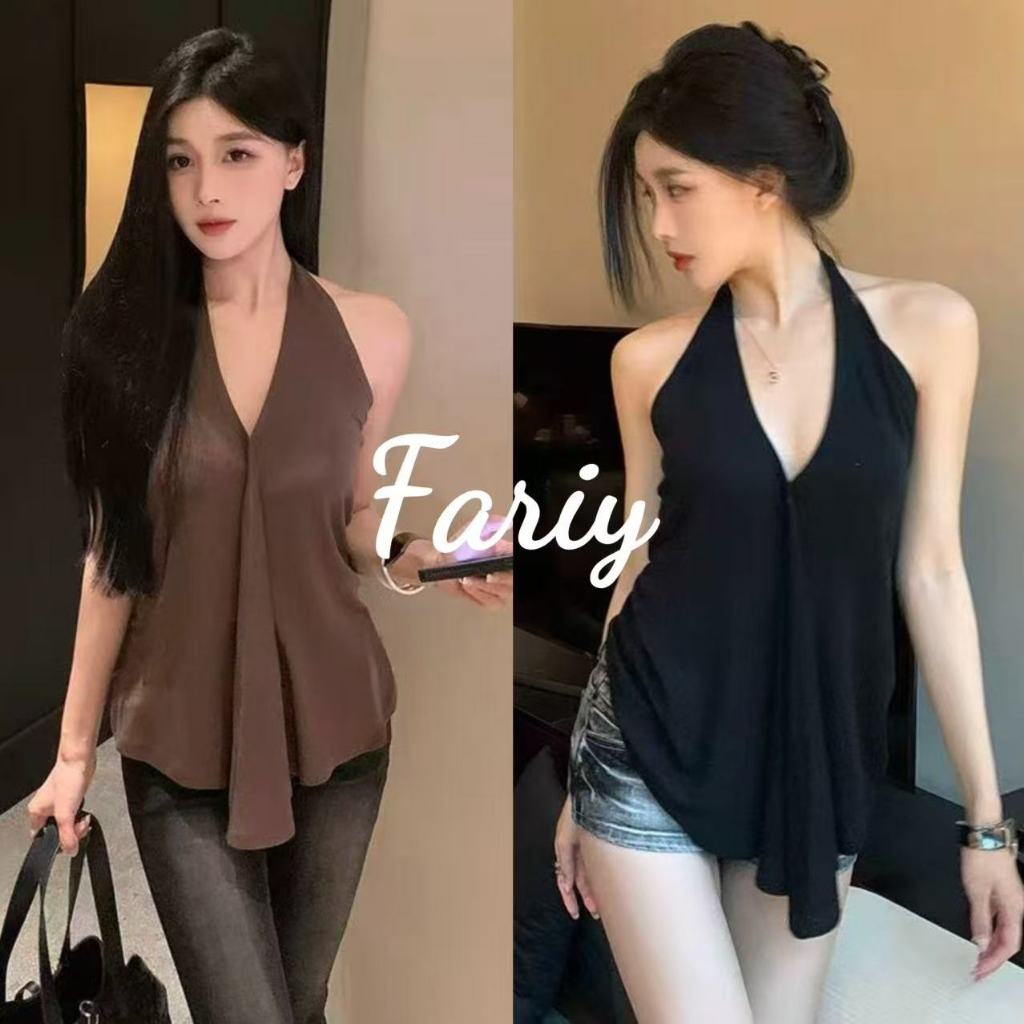 Fariy🍒คลังสินค้าพร้อม🍒 เสื้อสายเดี่ยวผ้าไหมสีดำถักคอวีแบบฝรั่งเศสสำหรับผู้หญิง เสื้อคลุมฤดูร้อนทรงไม่สมมาตรเปิดหลังไม่มีแขน