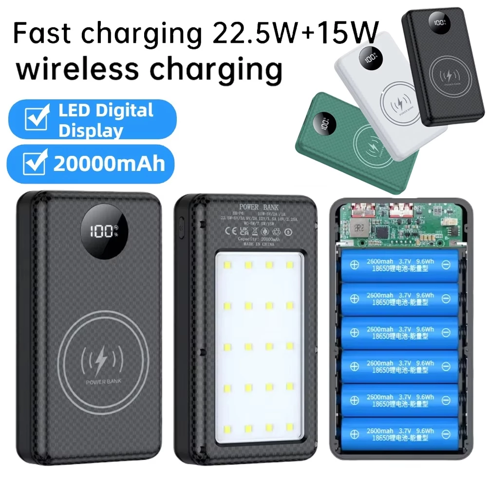 6*18650 Power Bank กล่องแบตเตอรี่แบบพกพา 37.5W Dual USB Type C ชาร์จเชลล์ทํางานสมาร์ทโฟนทั้งหมด 18650 แบตเตอรี่กรณี DIY