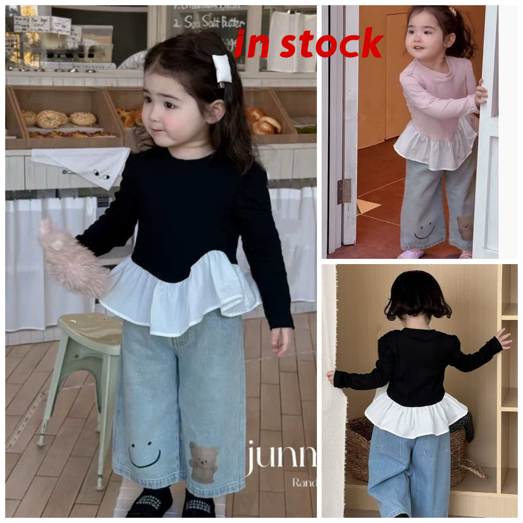 [Grojoy] (คลังสินค้าพร้อม) เสื้อยืดแขนยาวเด็กผู้หญิงฤดูหนาว 2026 เด็กเร้าใจสไตล์เกาหลี Patchwork Top GR3416 #