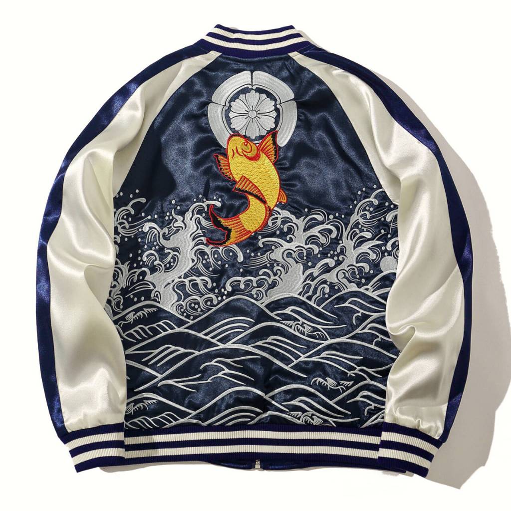 Ocean Wave ปลาคาร์พ Yokosuka Heavy Industry ปักผู้ชายผู้หญิงแจ็คเก็ตชุดเบสบอล Contrast สีปลาทองแจ็คเก็ตปักรูปแบบ Stre