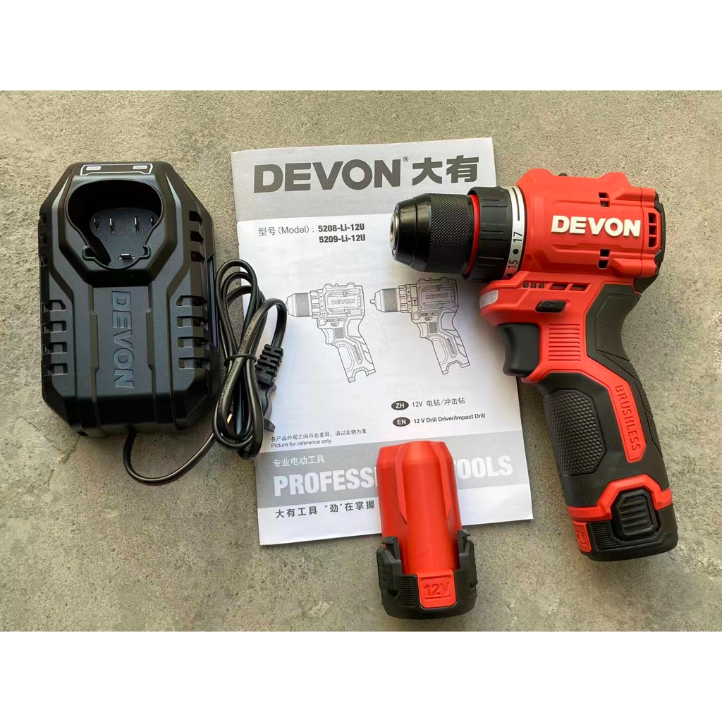 Devon 5208U [รูปแบบใหม่] แบตเตอรี่ลิเธียม 12V สว่านไฟฟ้ามัลติฟังก์ชั่นมือไร้แปรงถ่านกําลังสูงสว่านไฟฟ้าแบบพกพาแรงบิดสูง