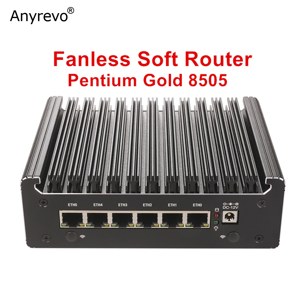 Fanless Mini PC Intel Pentium Gold 7505 8505 Penta Cores NUC Firewall Soft Router 6xi226-V 2.5G 2xDD
