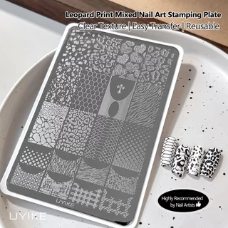 UYIKE Nail Art Leopard Print Mix-and-Match Stamping Plates with Backing French Style Cartoon Hello Kitty & Grid Pattern Transfer Plates Nail Tools