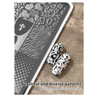 UYIKE Nail Art Leopard Print Mix-and-Match Stamping Plates with Backing French Style Cartoon Hello Kitty & Grid Pattern Transfer Plates Nail Tools