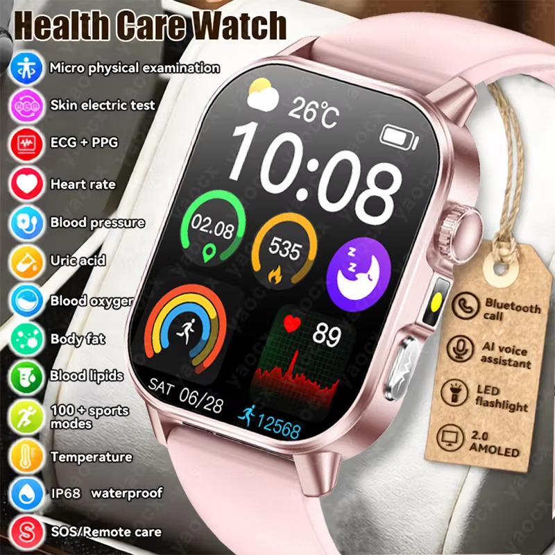 2026 ใหม่การวัดที่ถูกต้องสุขภาพสมาร์ทนาฬิกา ECG + PPG Uric Acid ความดันโลหิตเลือด Lipids BT Call Sma