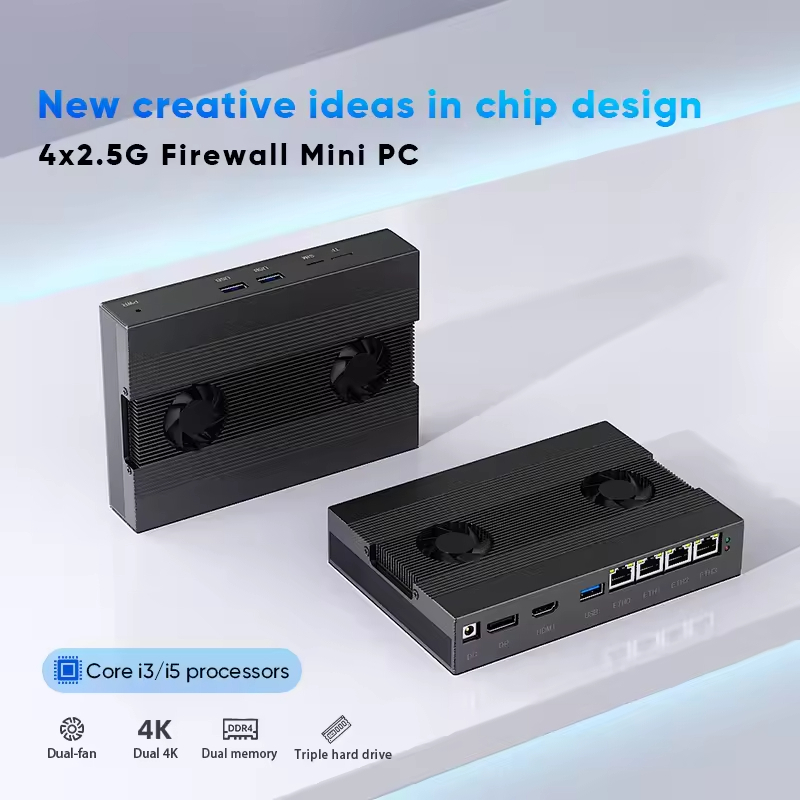 อลูมิเนียมแข็ง Firewall Mini PC NAS 4x2.5G i226-V LAN Intel Core i5-8250U i3-8130U 2xNVMe SATA3.0 TF