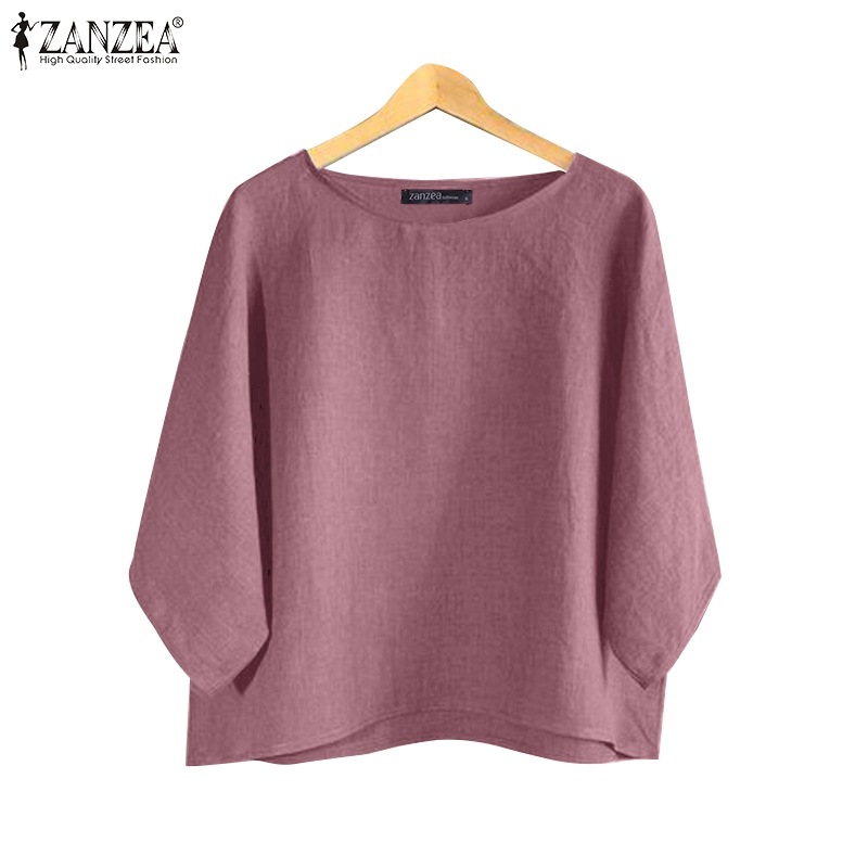 ZANZEA ซานเซีย ผู้หญิงเกาหลีลําลองรอบคอสีทึบแขนสามในสี่เสื้อ