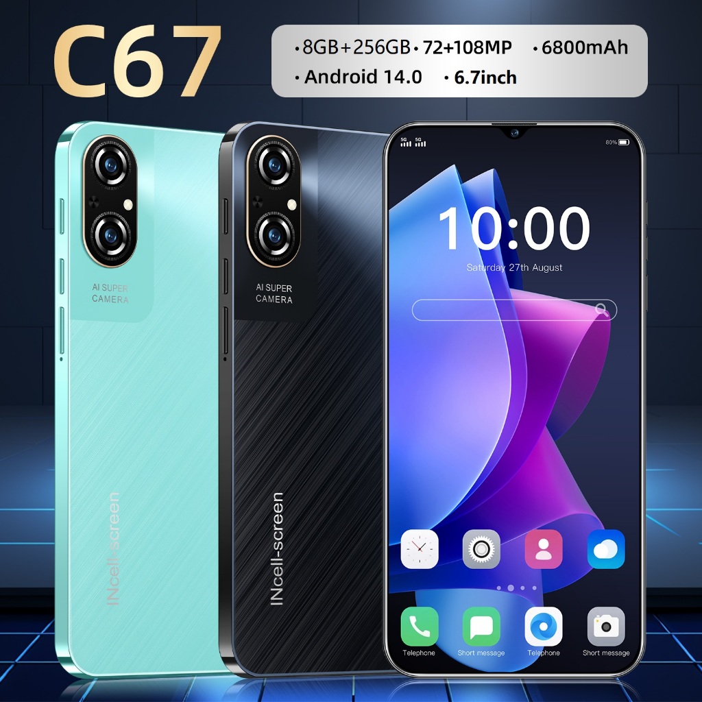 คุณภาพสูง C67 ใหม่ 4G/5G สมาร์ทโฟน 6.7 นิ้วหน่วยความจําหน้าจอ 8GB RAM + 256GB ROM Android 14.0