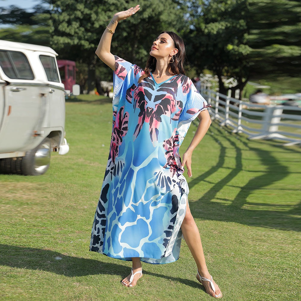 V คอบิกินี่ Cover Up ผู้หญิงพิมพ์ Beach Tunic Kaftan Oversize Holiday Dress Praia Mulher Cover Ups