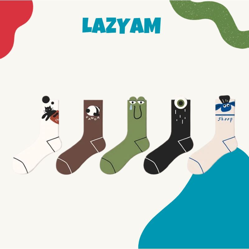 LAZYAM ถุงเท้าน่องกลางการ์ตูนน่ารักผ้าฝ้ายระบายอากาศถุงเท้าลูกเรือลําลอง Unisex EU35-42