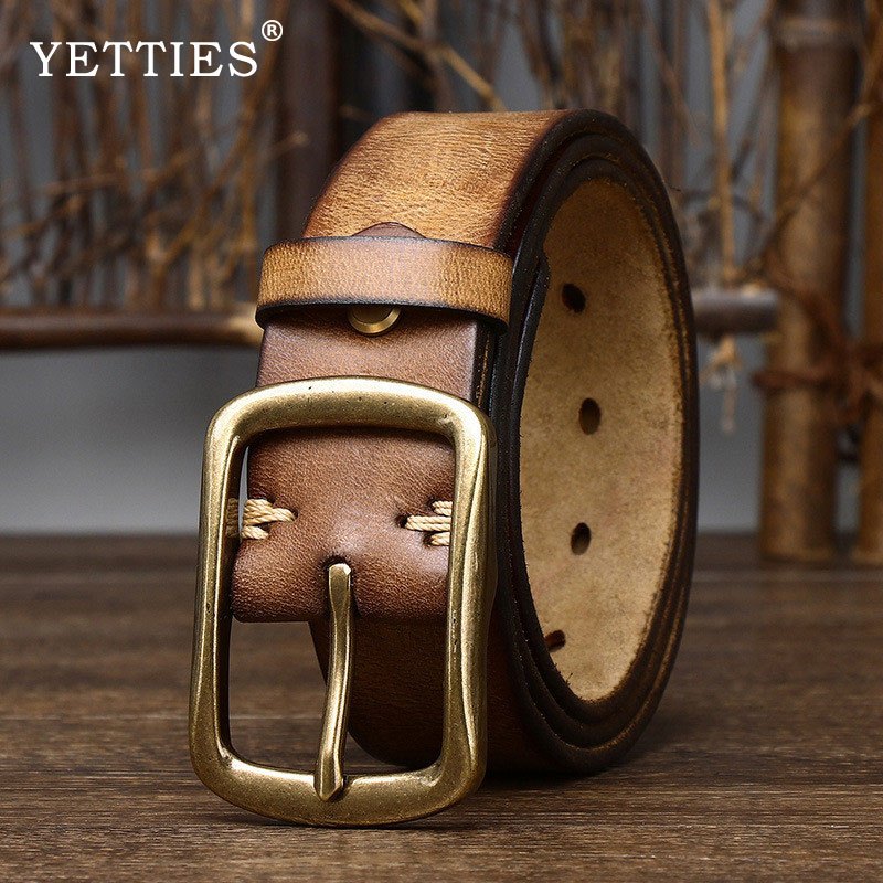 YETTIES 3.8ซม กว้าง4มมเข็มขัดหนาสําหรับผู้ชายหนังวัวหัวเข็มขัดทองแดงย้อนยุคหนังแท้กางเกงยีนส์ลําลองเข็มขัด