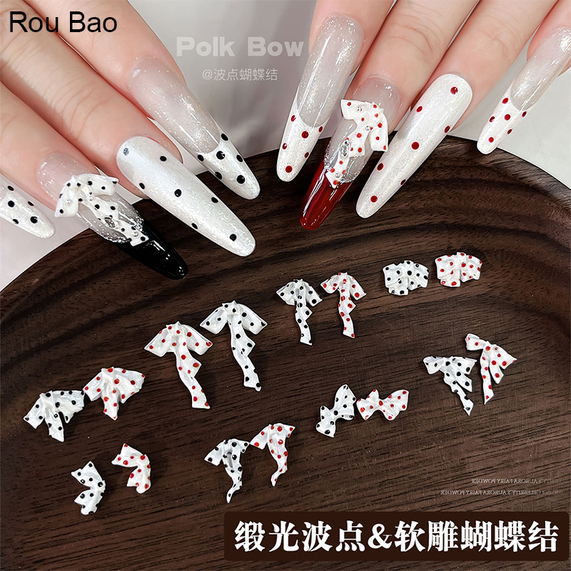 Rou Bao 50 ชิ้นเล็บ Pearlescent นุ่มแกะสลัก Polka Dot Bow สีแดงสีดําริบบิ้นเล็บ Art DIY ตกแต่ง