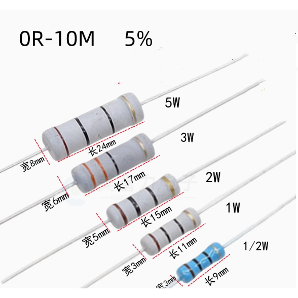 5PCS Carbon film resistor 1W 2W 9.1K 1M 10K 12K 13K 15K 16K 18K 20K 22K 24K 27K 30K 33K 36K 39K 43K 