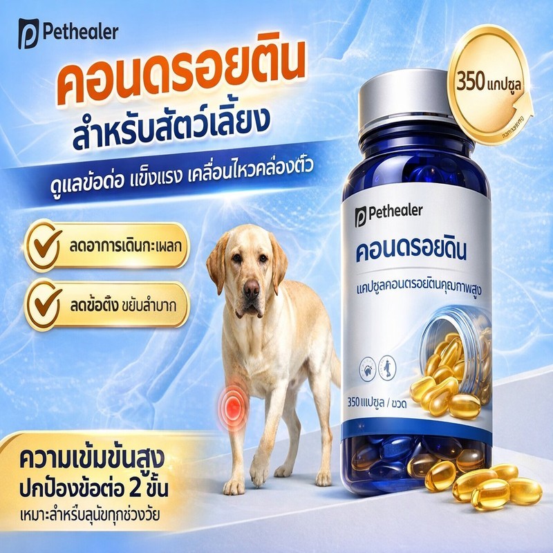 Pethealer คอนดรอยตินสำหรับสัตว์เลี้ยง 350 แคปซูล ดูแลข้อต่อและการเคลื่อนไหว สำหรับสุนัขและแมว