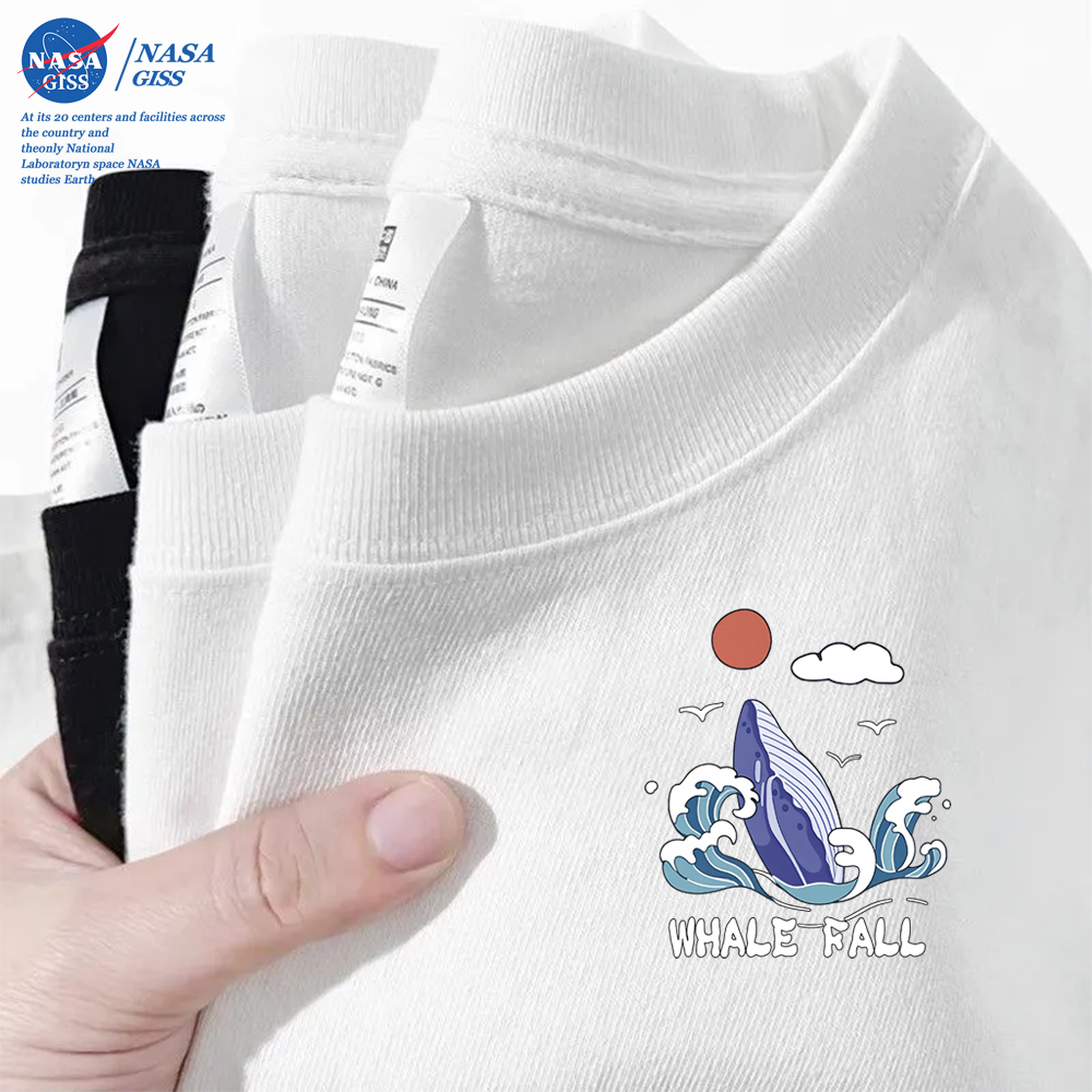 NASA เสื้อยืดชายหญิงแขนสั้น สไตล์ลำลอง summer พระอาทิตย์ตกดินวาฬ พิมพ์ลาย คอตตอน คอกลม หลวมและระบายอากาศ