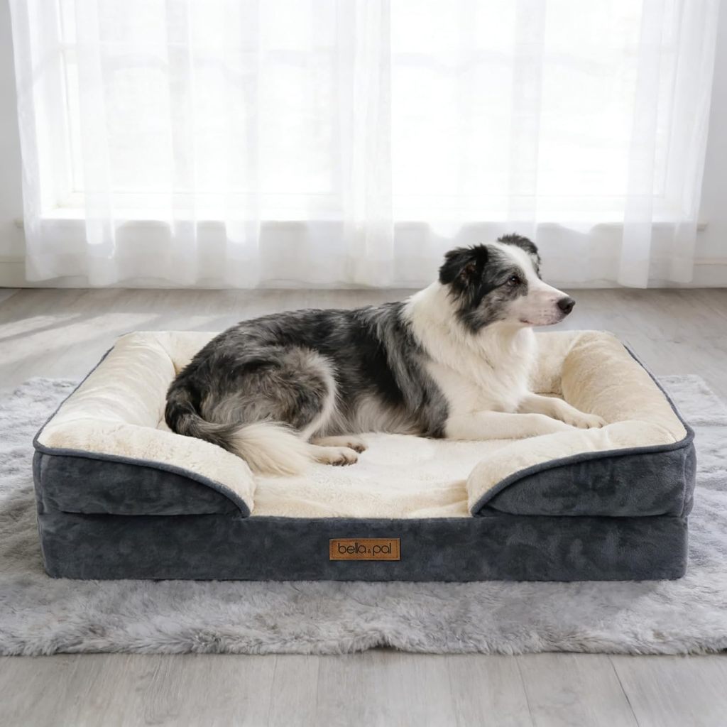 BELLA&PAL ที่นอนสุนัข เตียงโซฟาสุนัขเพื่อสุขภาพ สำหรับสุนัขขนาดกลาง/ใหญ่ – ไม่ต้องประกอบ มาพร้อมฟองน้ำทรงไข่เพื่อรองรับสรีระ ซับในกันน้ำ และปลอกถอดซักได้