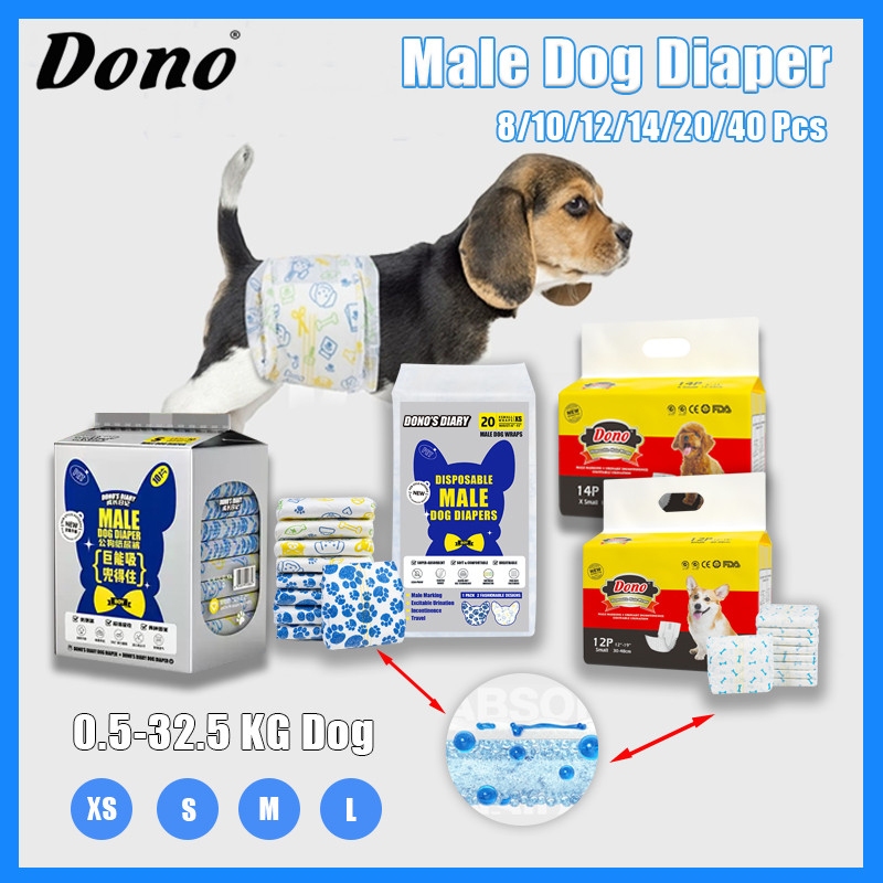 Dono 20/40 ชิ้นผ้าอ้อมสุนัขแบบใช้แล้วทิ้งชายสัตว์เลี้ยงแมวผ้าอ้อมลูกสุนัข XS SML