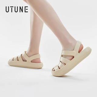 UTUNE รองเท้าแตะผู้หญิง สไตล์โรมันวินเทจ พื้นหนา ระบายอากาศ นุ่มสบาย กันลื่น สีขาว ใส่เดินชายหาด กลางแจ้ง