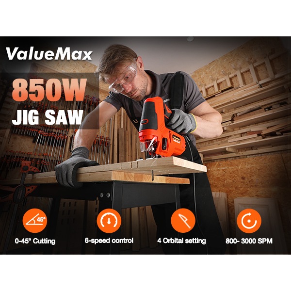 VALUEMAX 600W เลื่อยจิ๊กแบบมีสายสีส้มสีดําเครื่องมือไฟฟ้าตัดไม้ปลั๊ก VDE